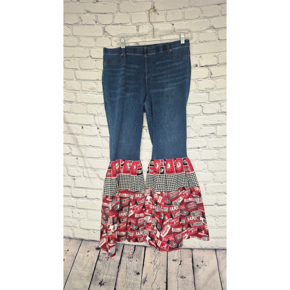 Roll Tide Alabama‎ Crimson Tide Ruffle Hem Denim Jeans Upcycled Fan Pants LG 12 - Picture 3 of 16